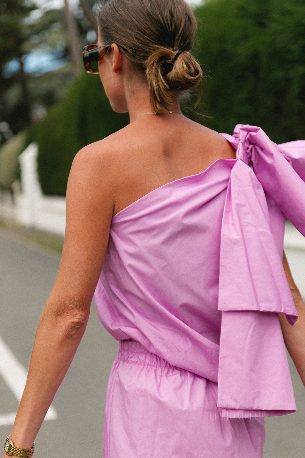 Britt one shoulder bow tie top orchid