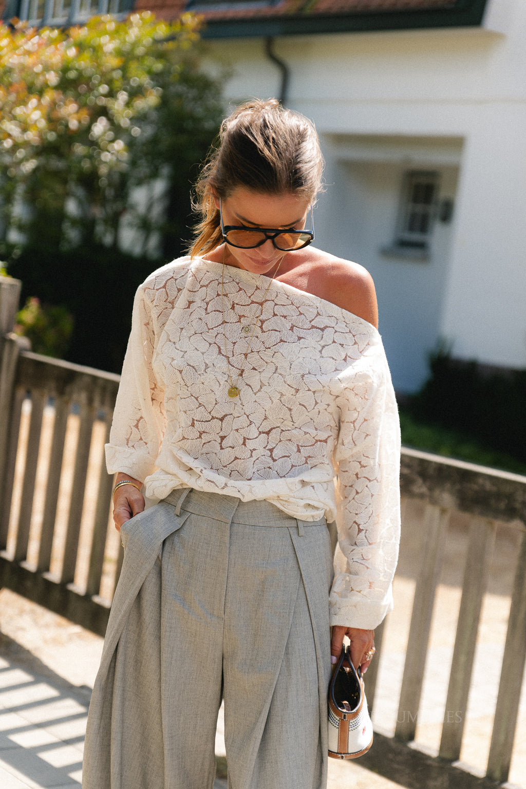 Myra textured jacquard off-shoulder blouse ecru