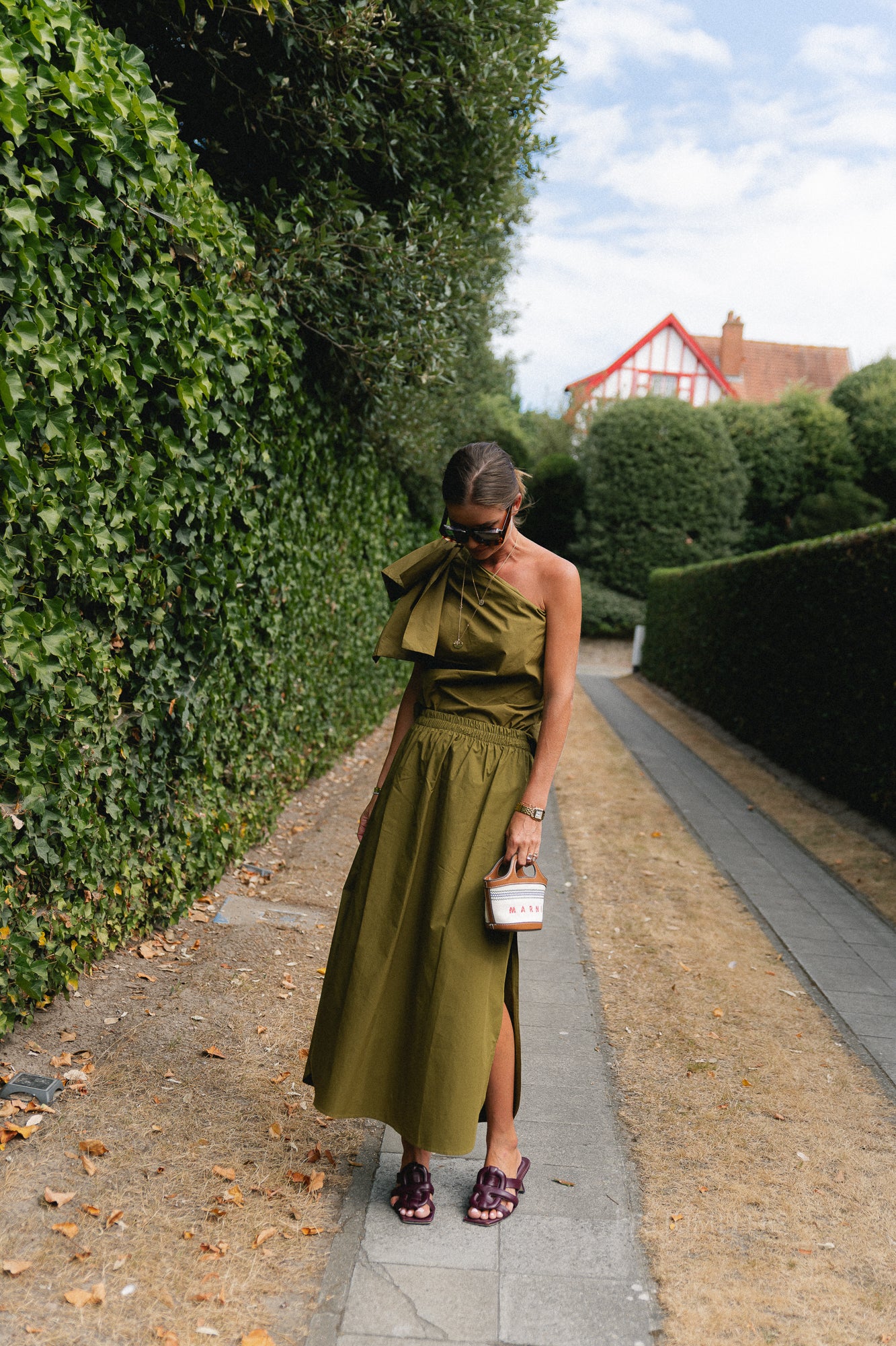 Britt one shoulder bow tie top green olive