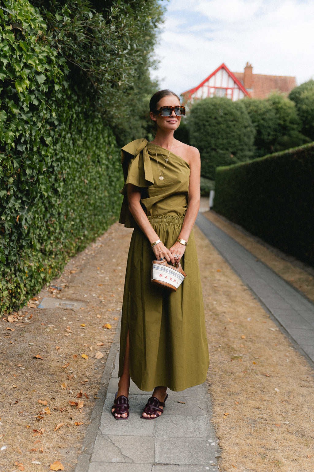 Britt one shoulder bow tie top green olive