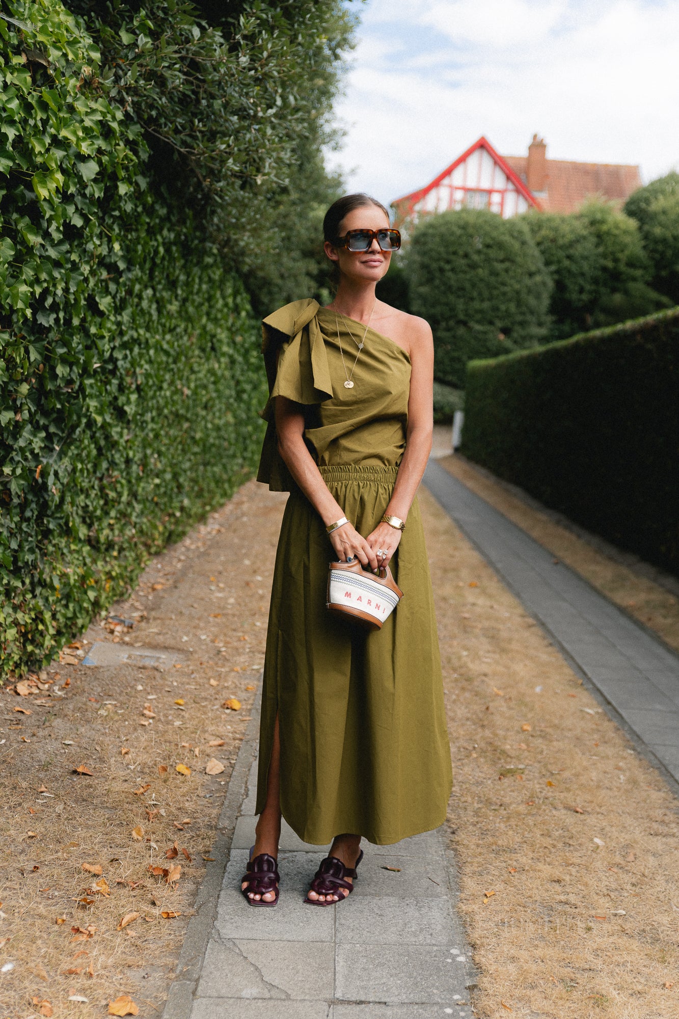 Britt one shoulder bow tie top green olive