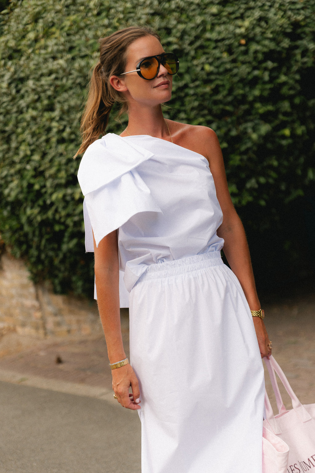 Britt one shoulder bow tie top white