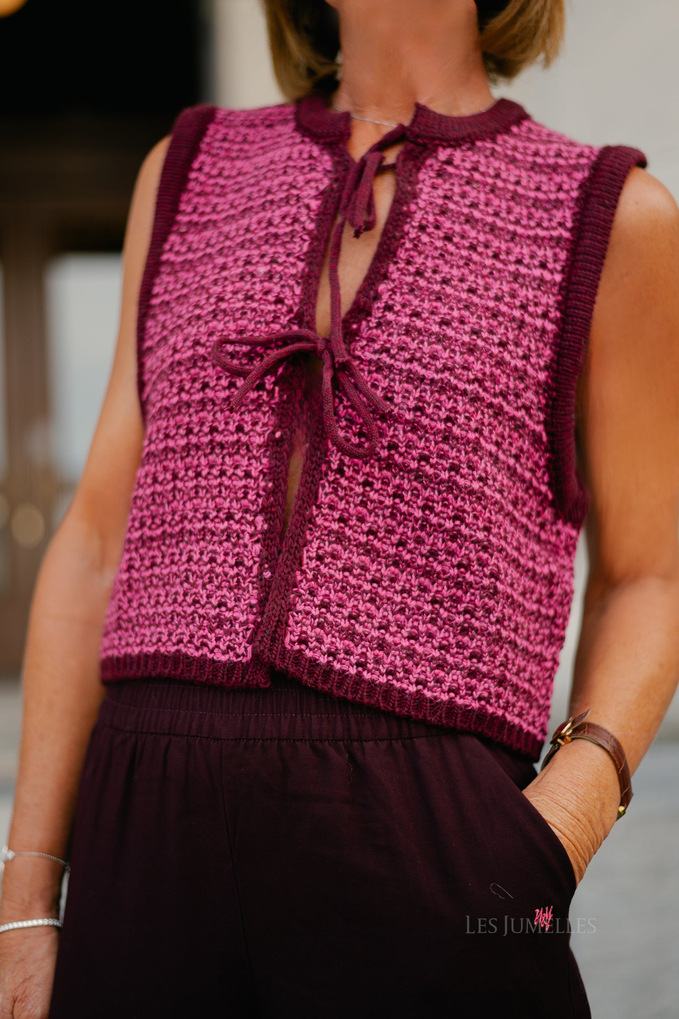 Alize knitted tie top burgundy/candy pink
