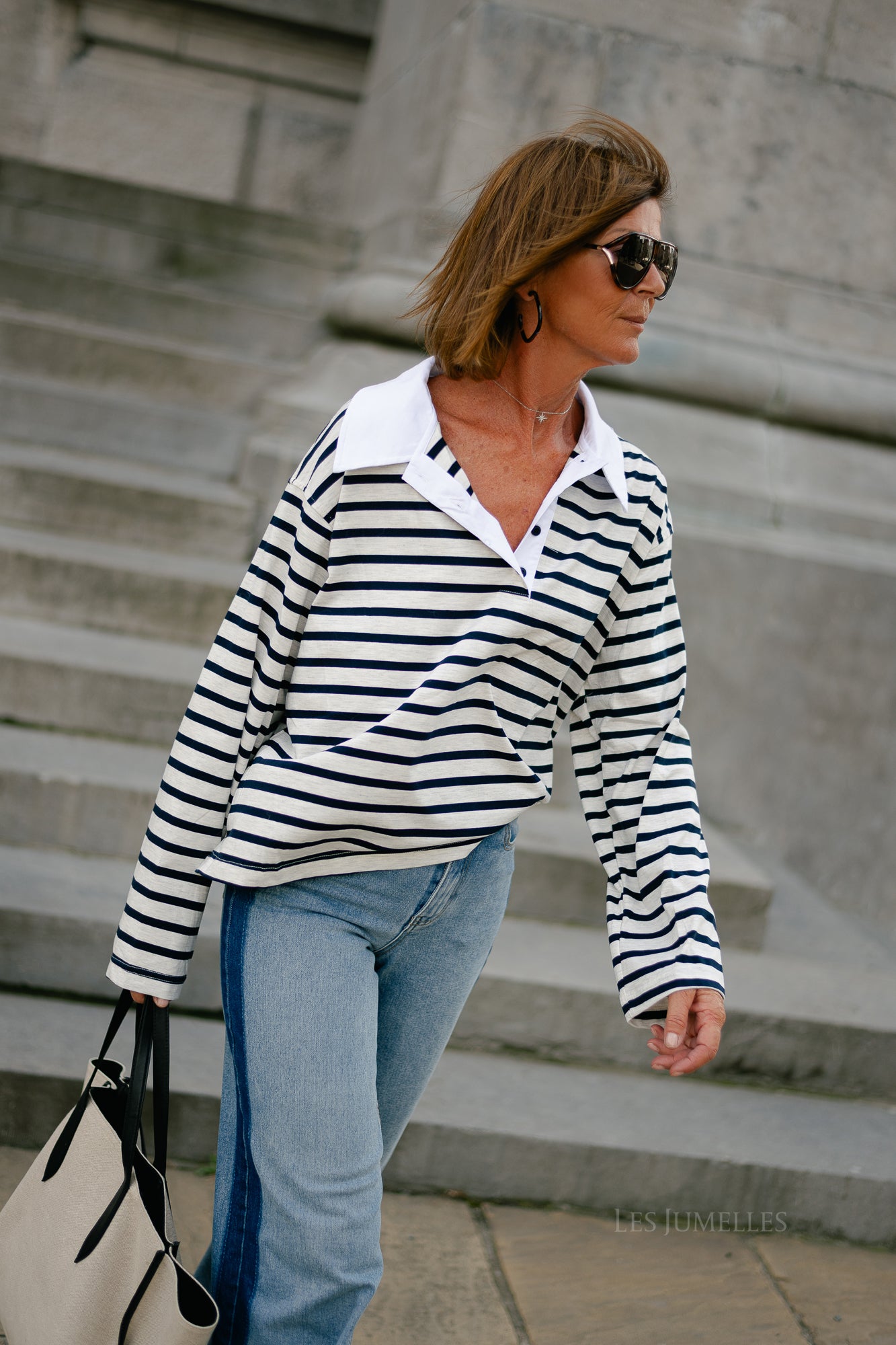 Yaelle striped polo light grey melange/navy