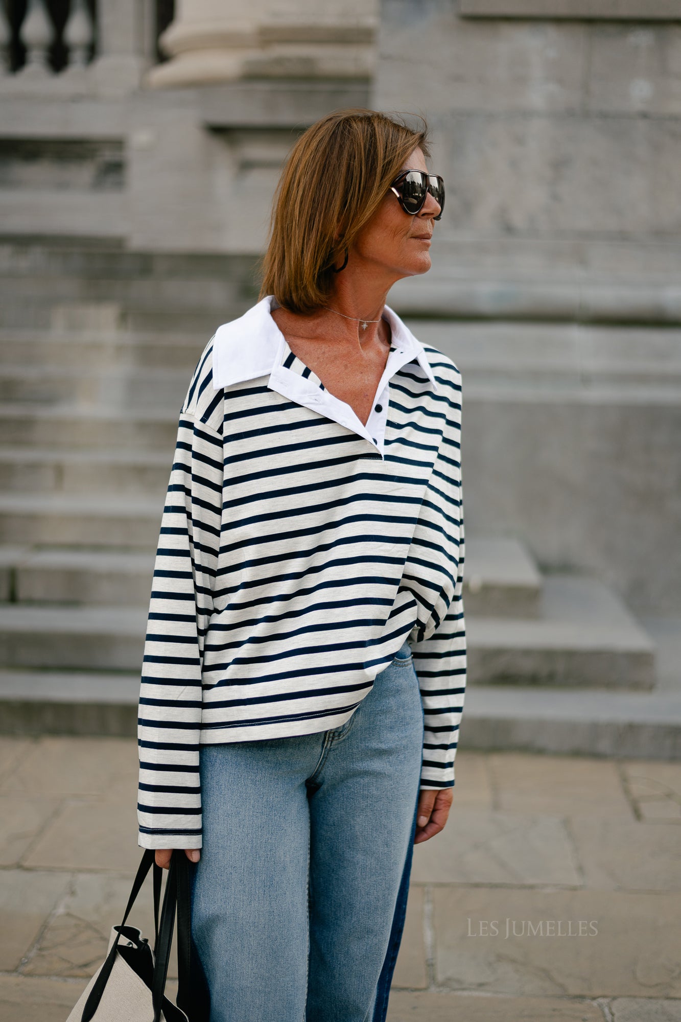 Yaelle striped polo light grey melange/navy
