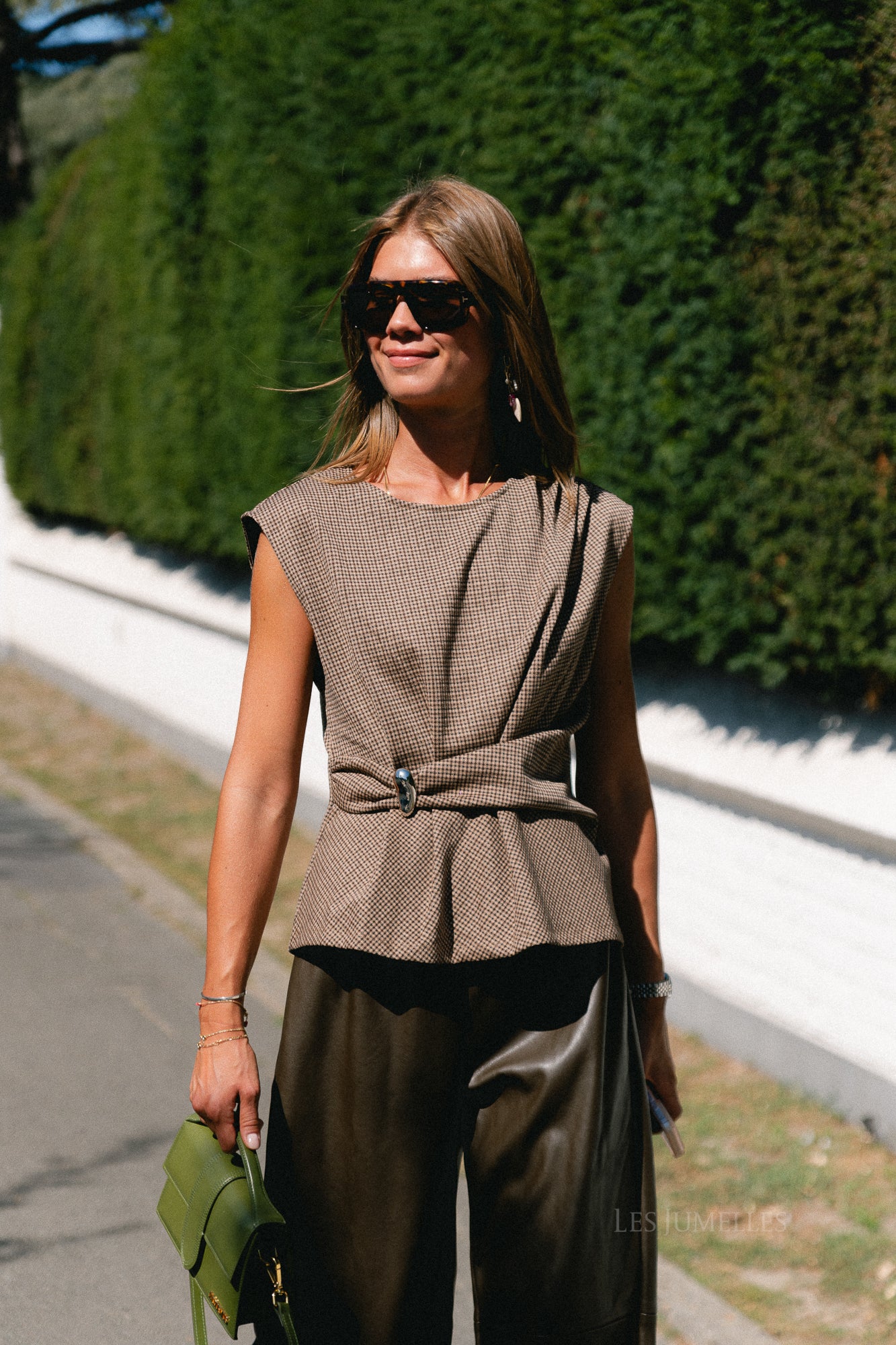VIChekka O-neck SL checkered top coffee bean