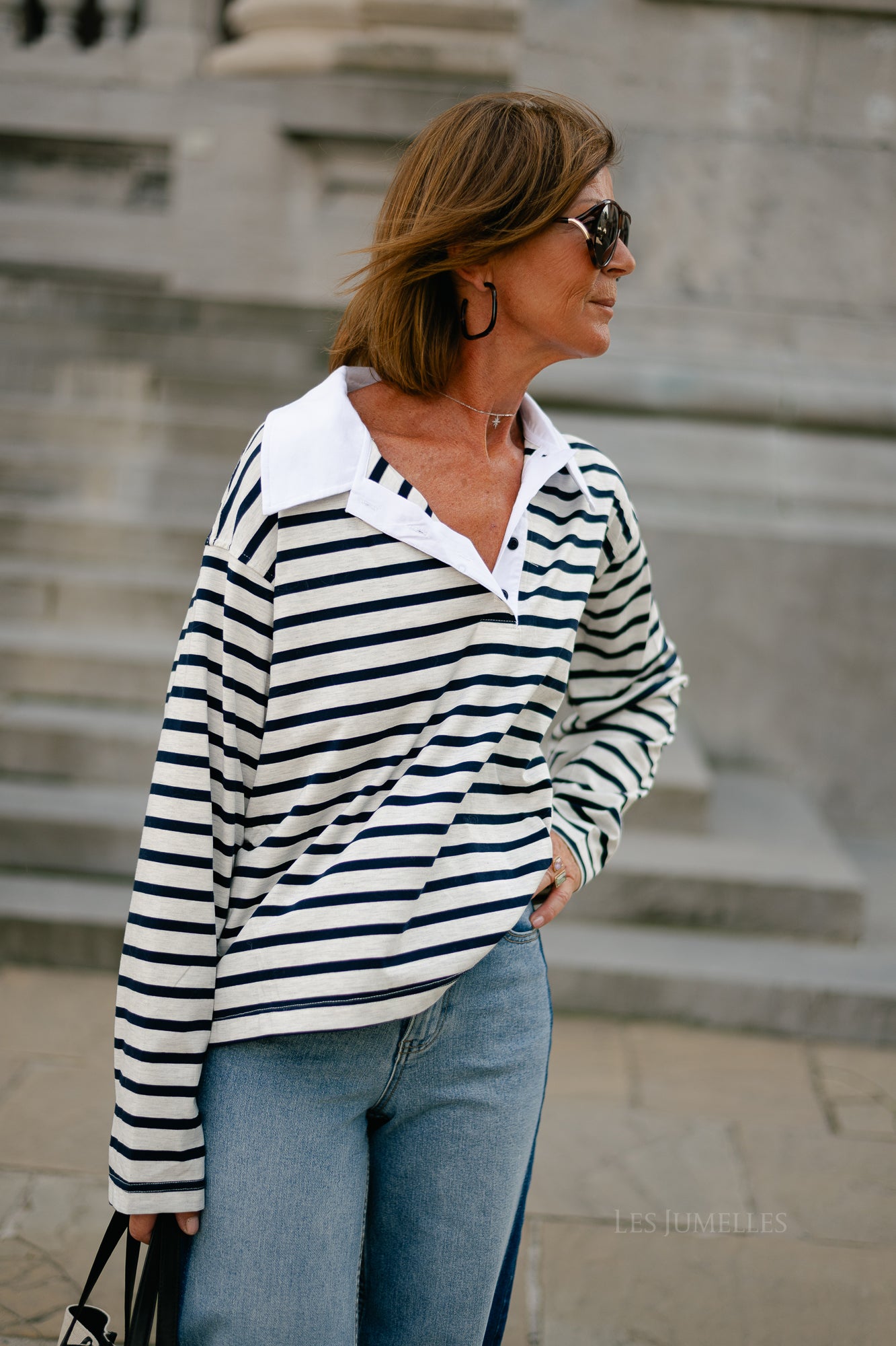 Yaelle striped polo light grey melange/navy