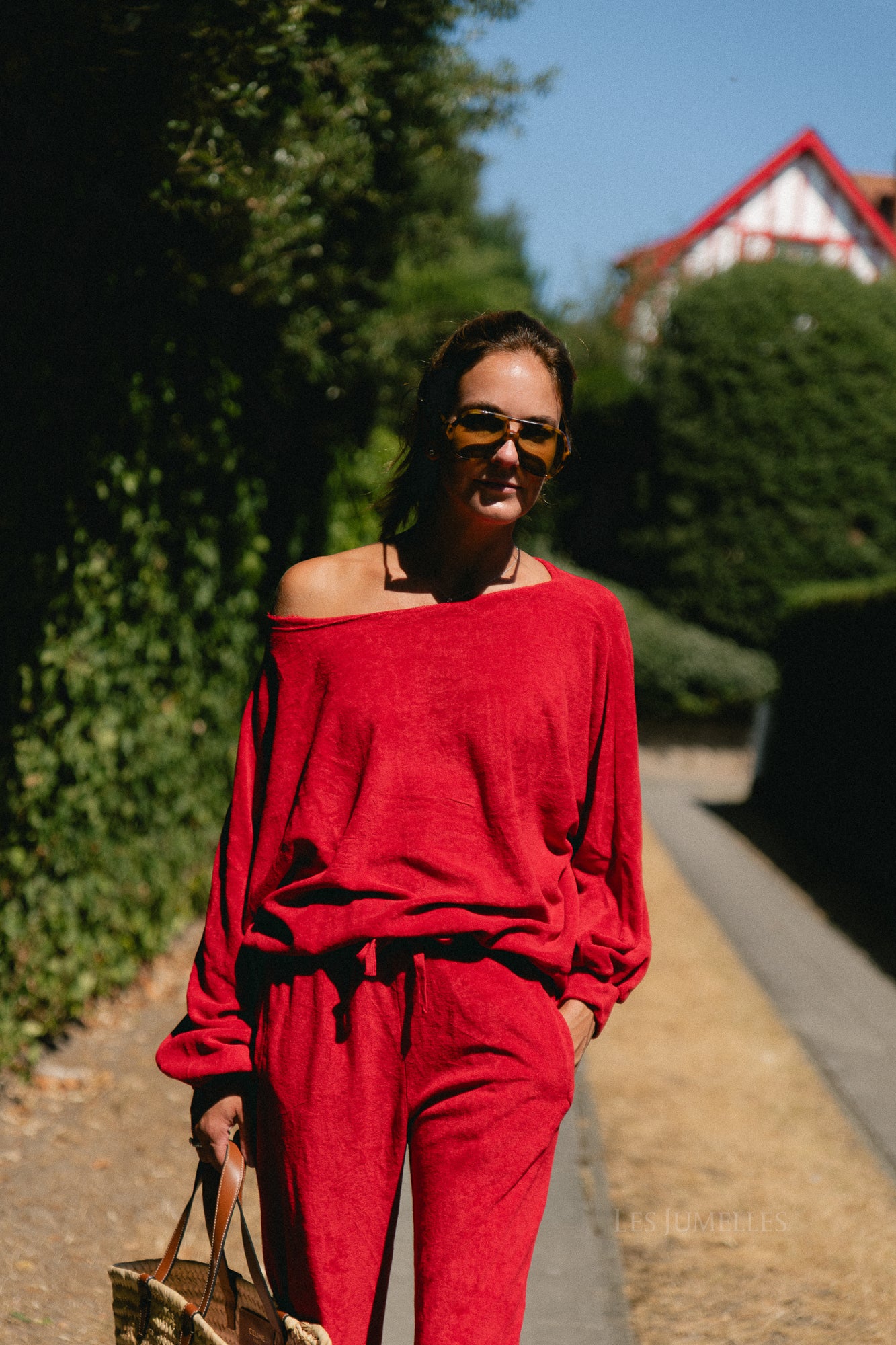 Gisele terry off-shoulder sweatshirt red