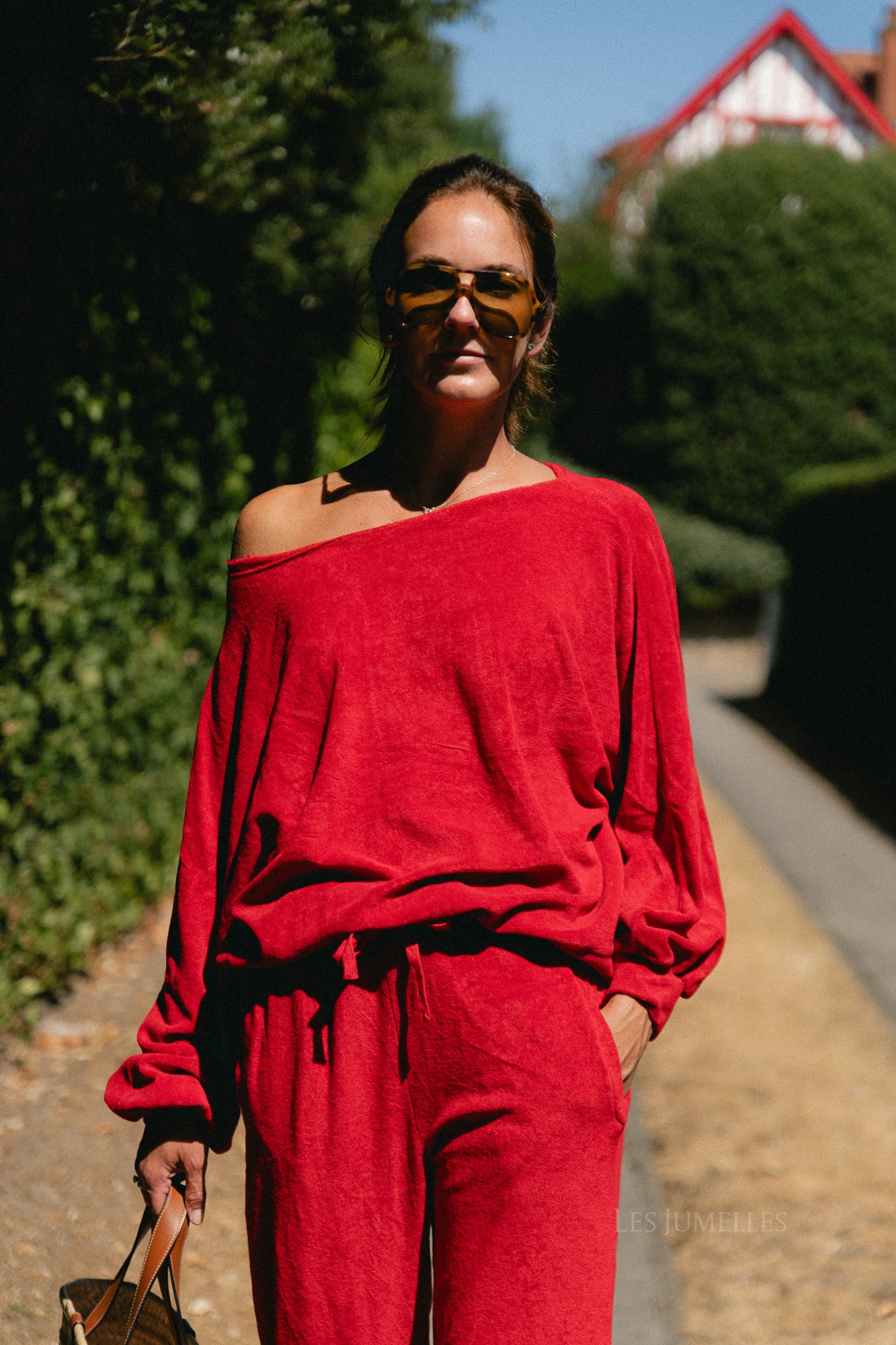 Gisele terry off-shoulder sweatshirt red