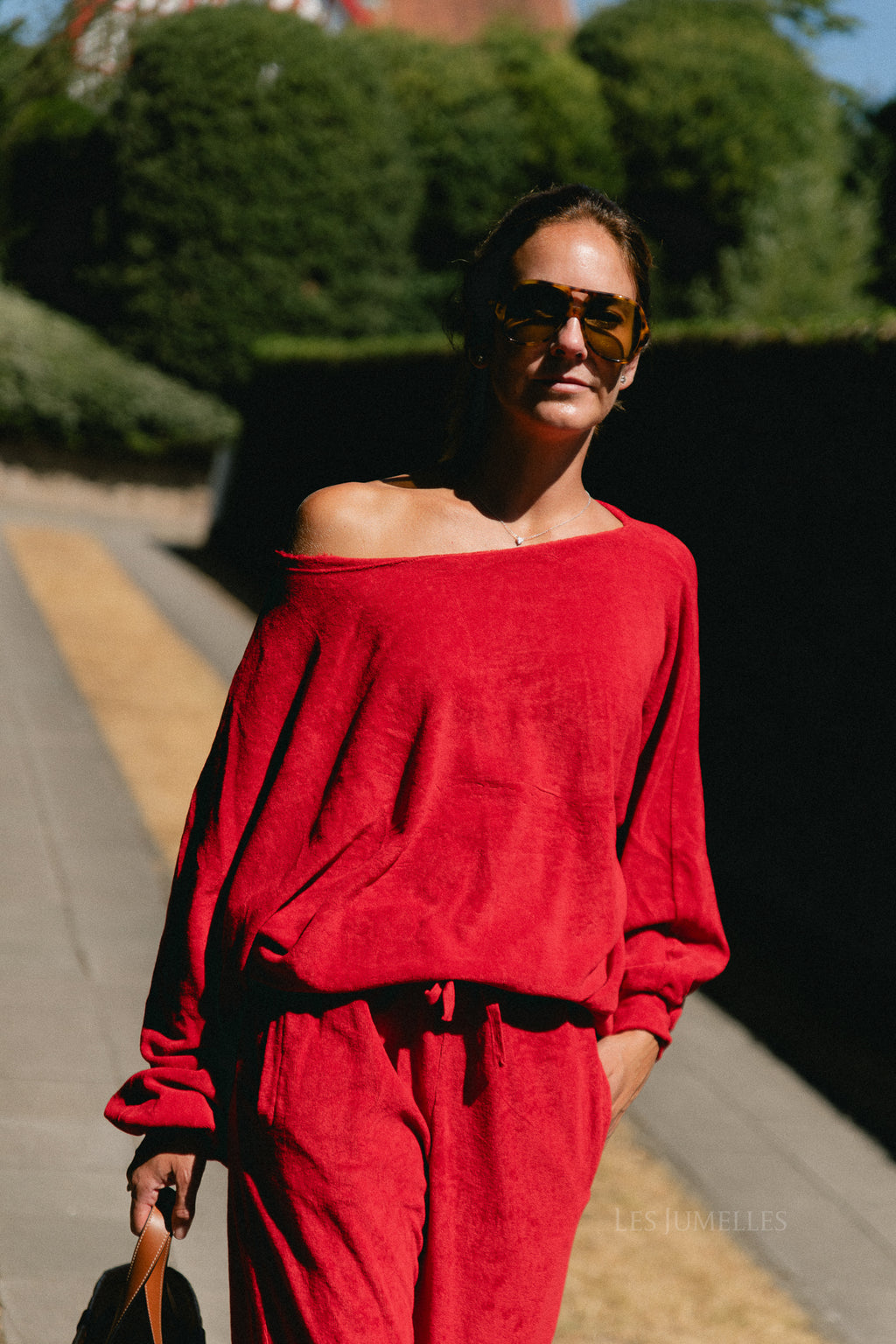 Gisele terry off-shoulder sweatshirt red