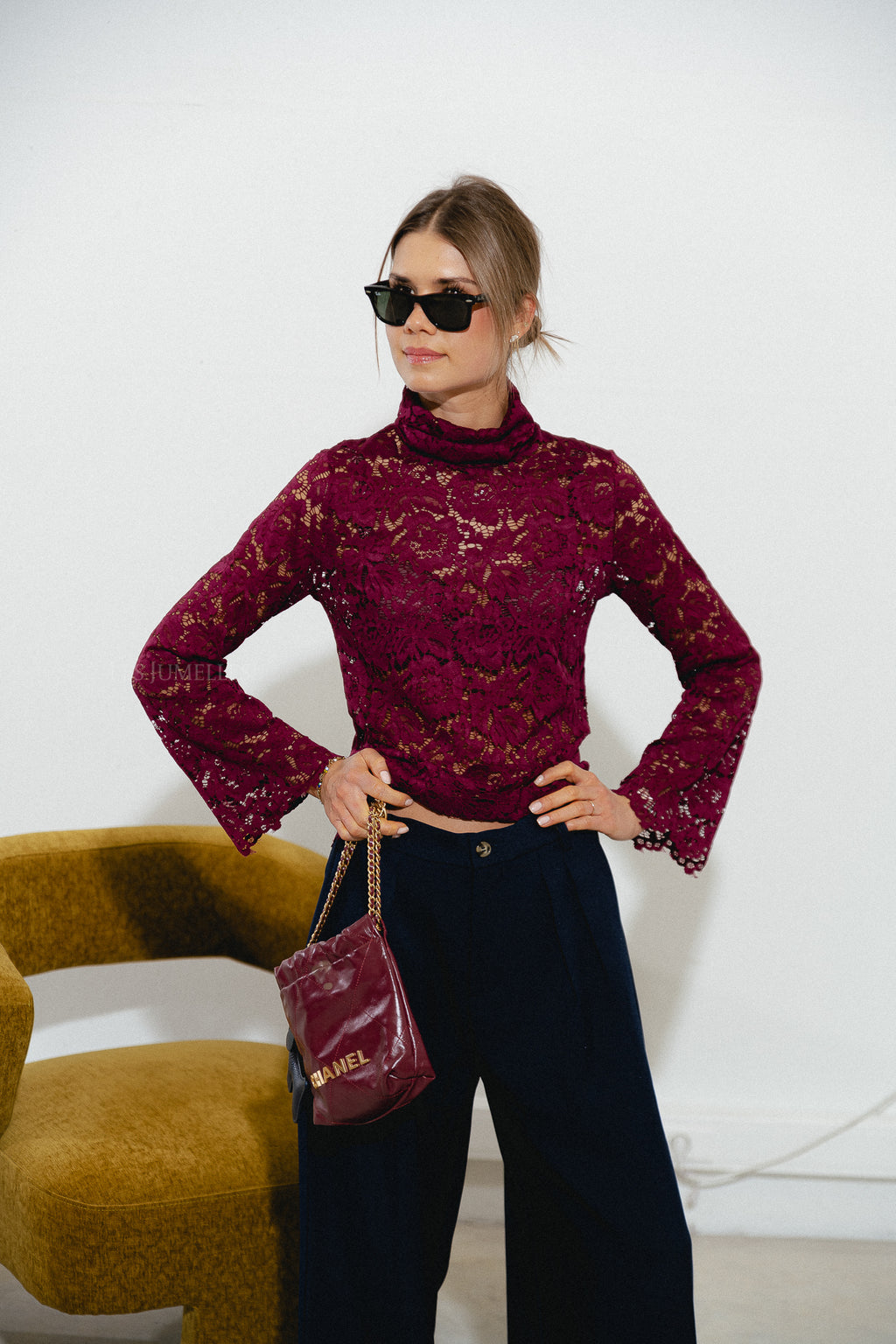 Elisabeth lace rollneck top burgundy