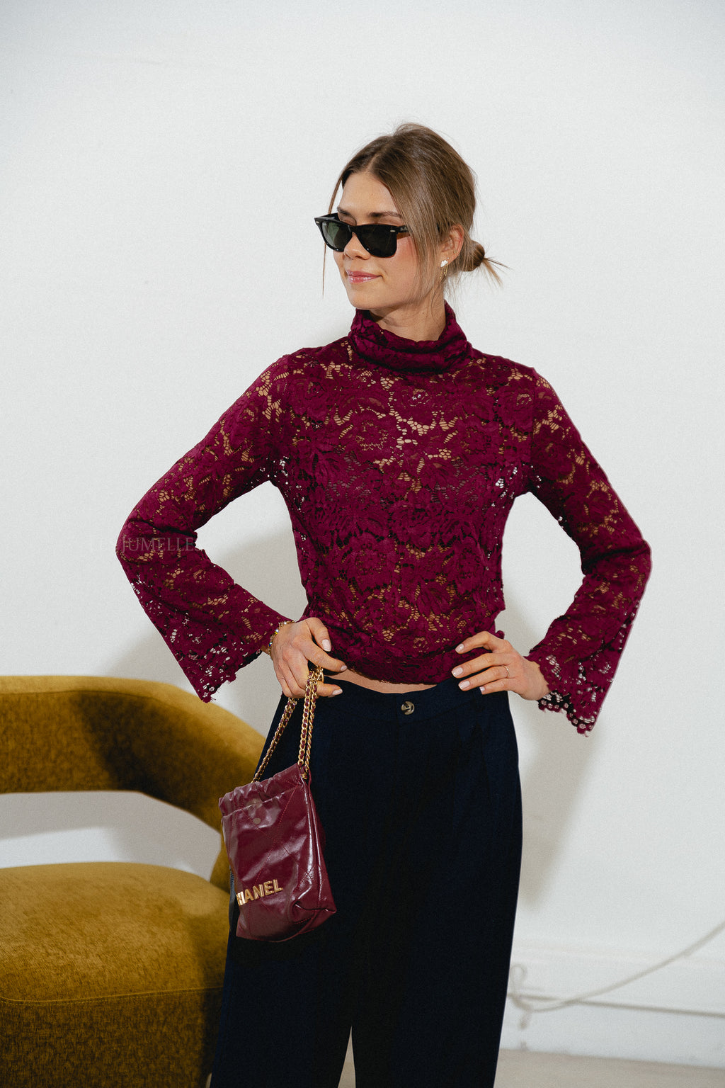 Elisabeth lace rollneck top burgundy