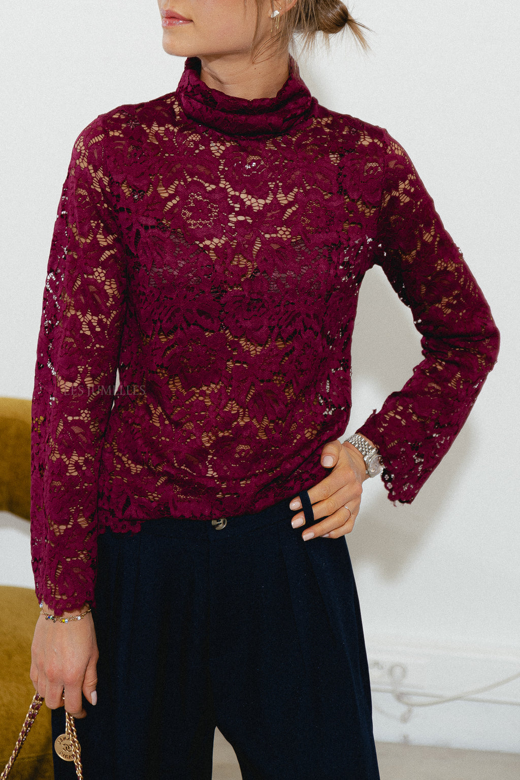 Elisabeth lace rollneck top burgundy