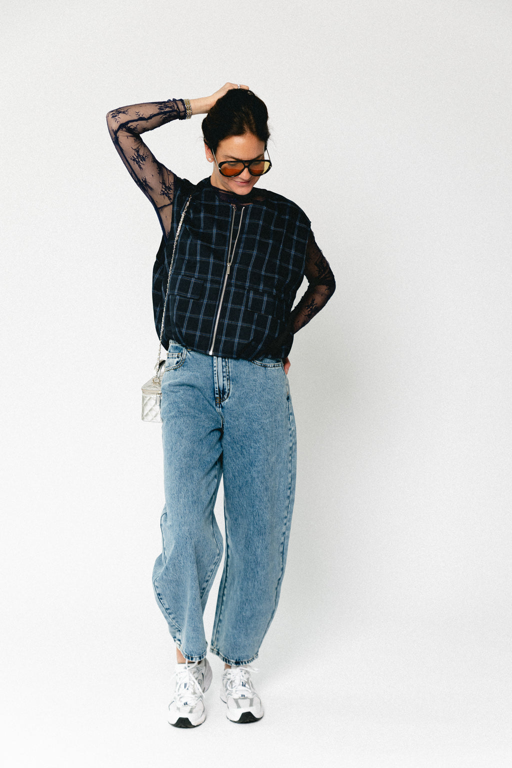 Jeanne geruite mouwloze jas marineblauw