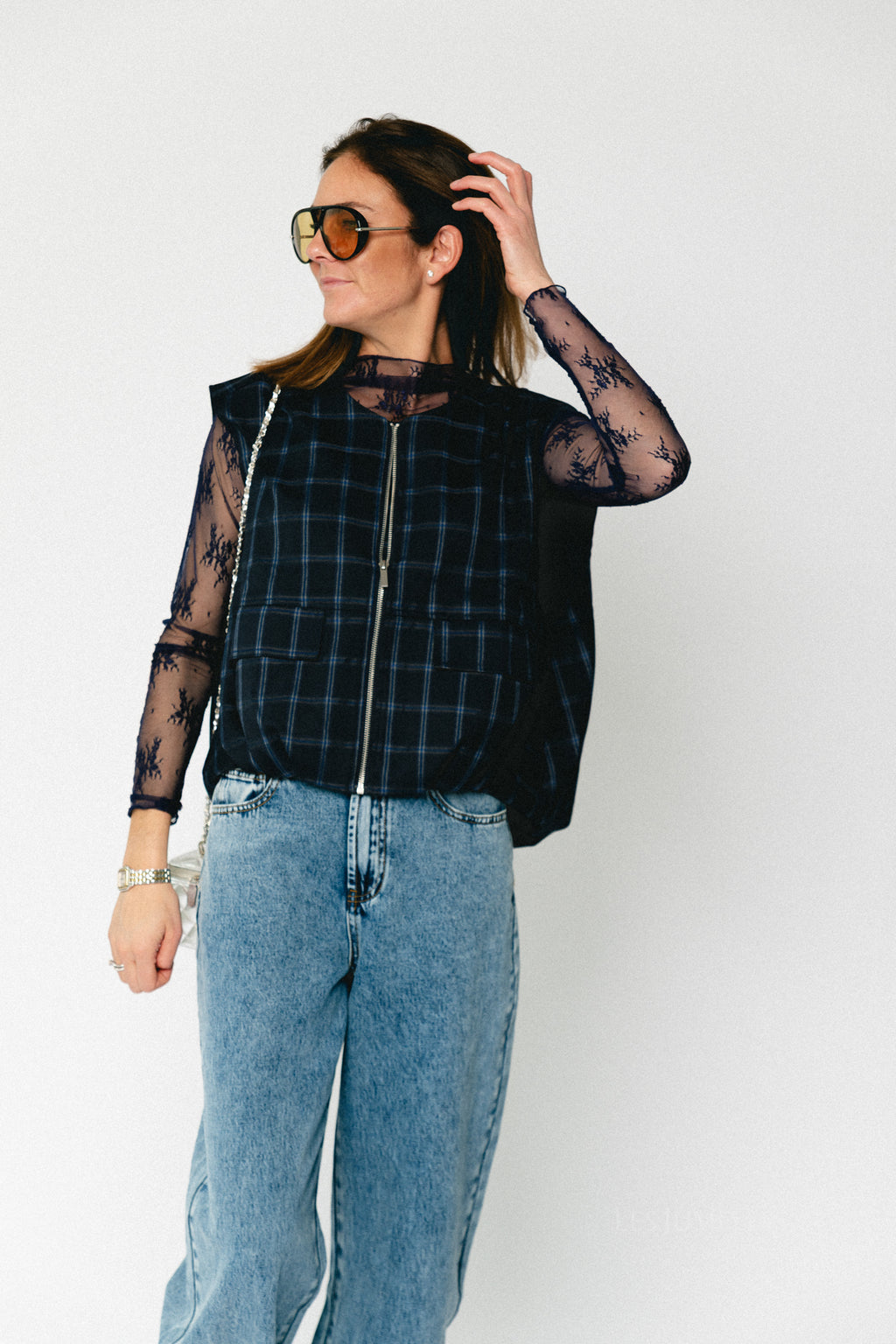 Jeanne geruite mouwloze jas marineblauw