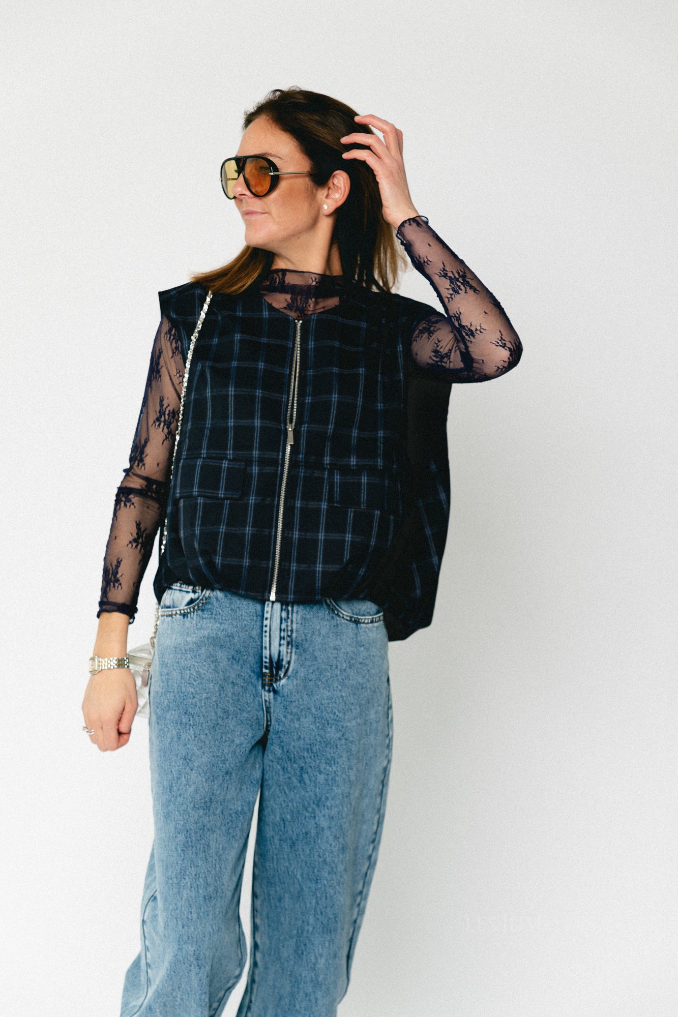 Jeanne checkered sleeveless jacket navy