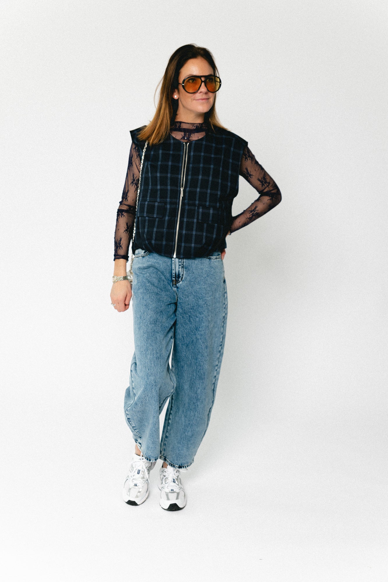 Jeanne checkered sleeveless jacket navy