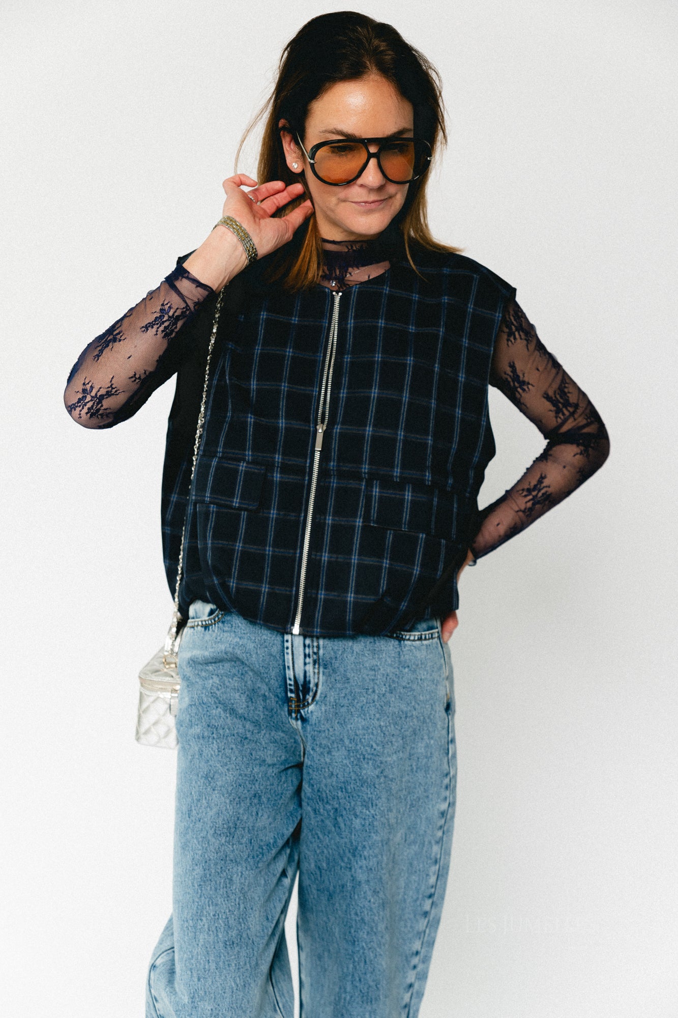 Jeanne checkered sleeveless jacket navy