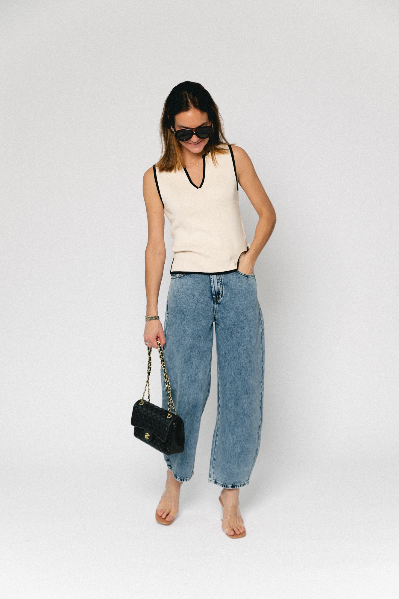 OBJViva V-neck knit top birch/black