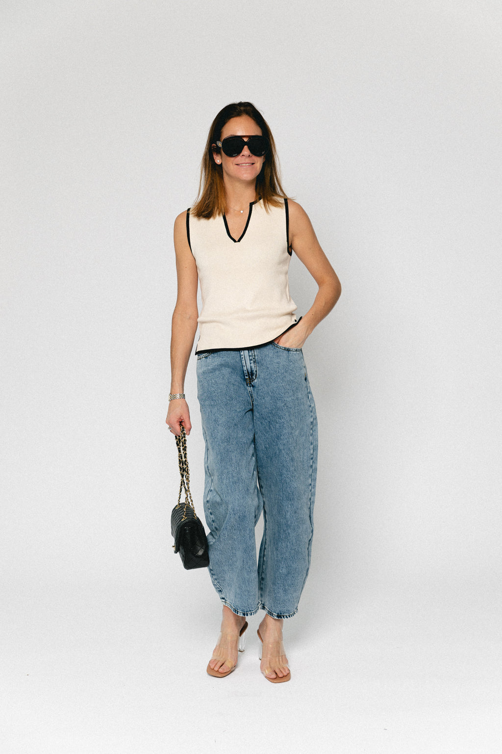 OBJViva V-neck knit top birch/black