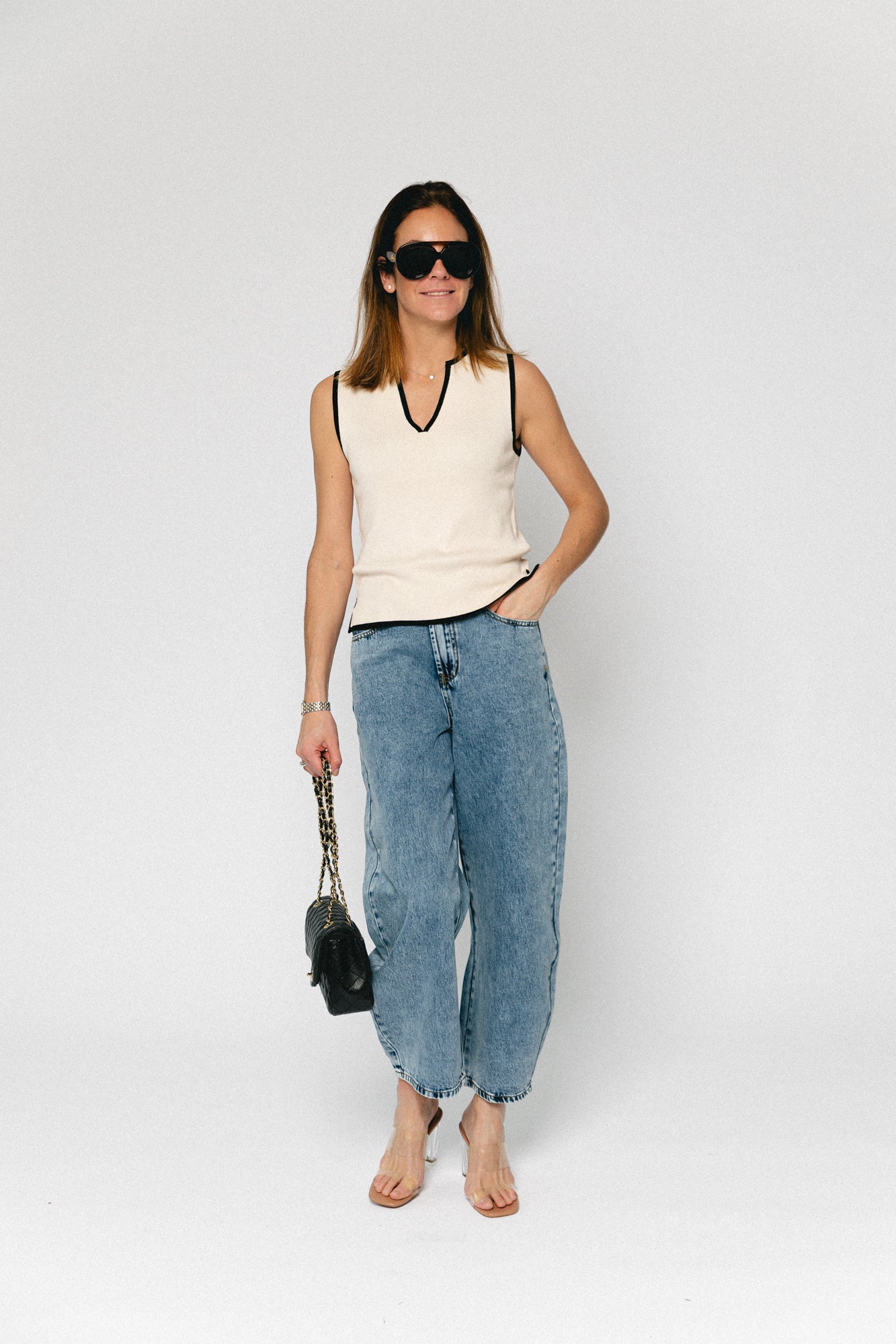 OBJViva V-neck knit top birch/black