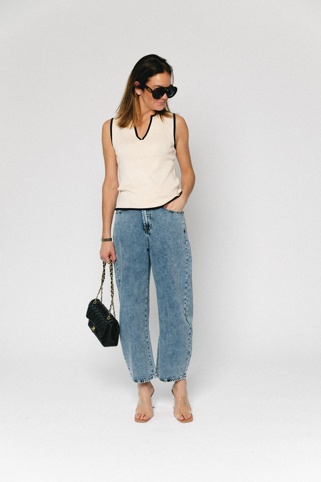 OBJViva V-neck knit top birch/black