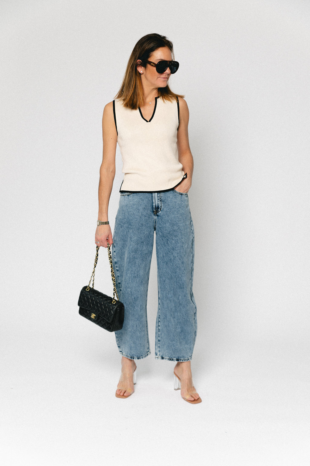 OBJViva V-neck knit top birch/black