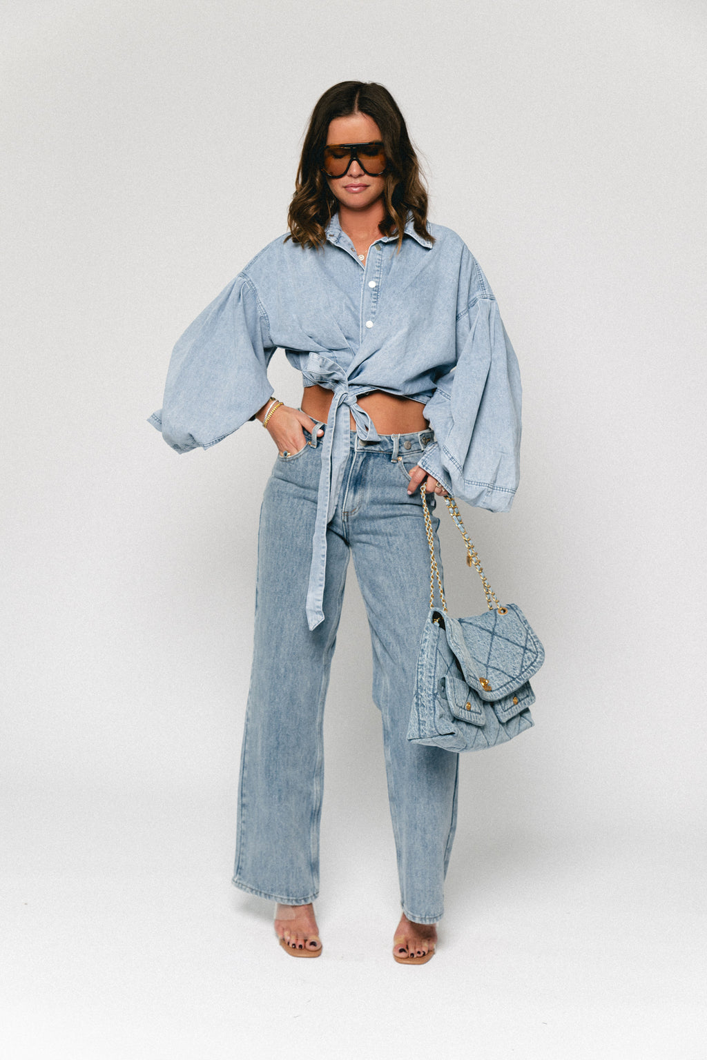 Bella balloon sleeve wrap shirt light blue denim