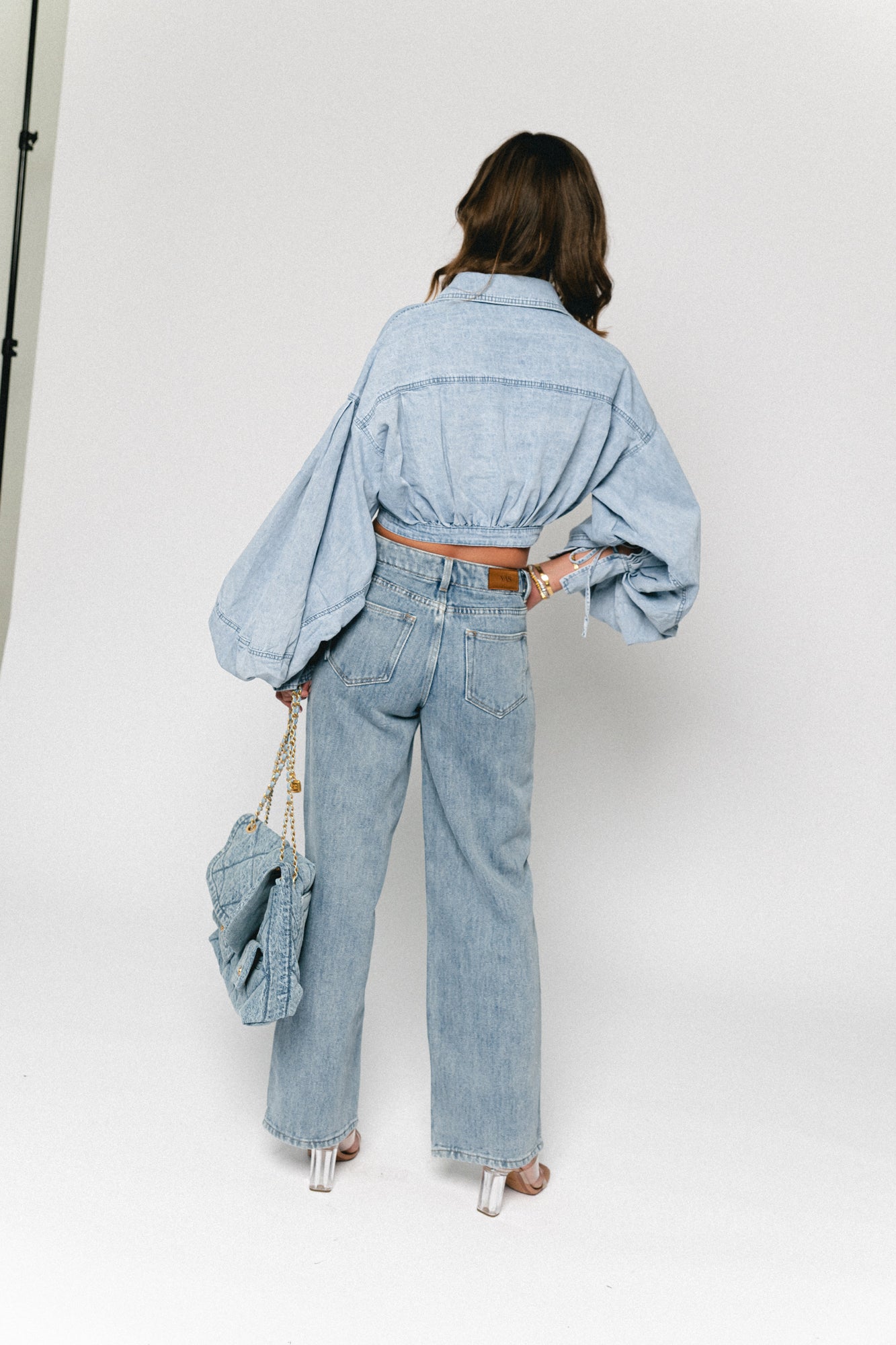 Bella balloon sleeve wrap shirt light blue denim