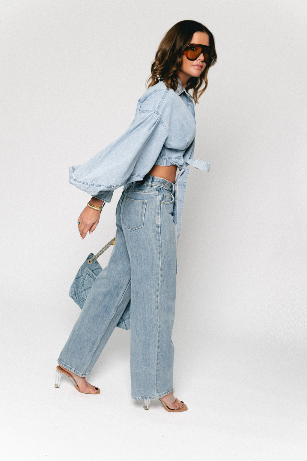 Bella balloon sleeve wrap shirt light blue denim