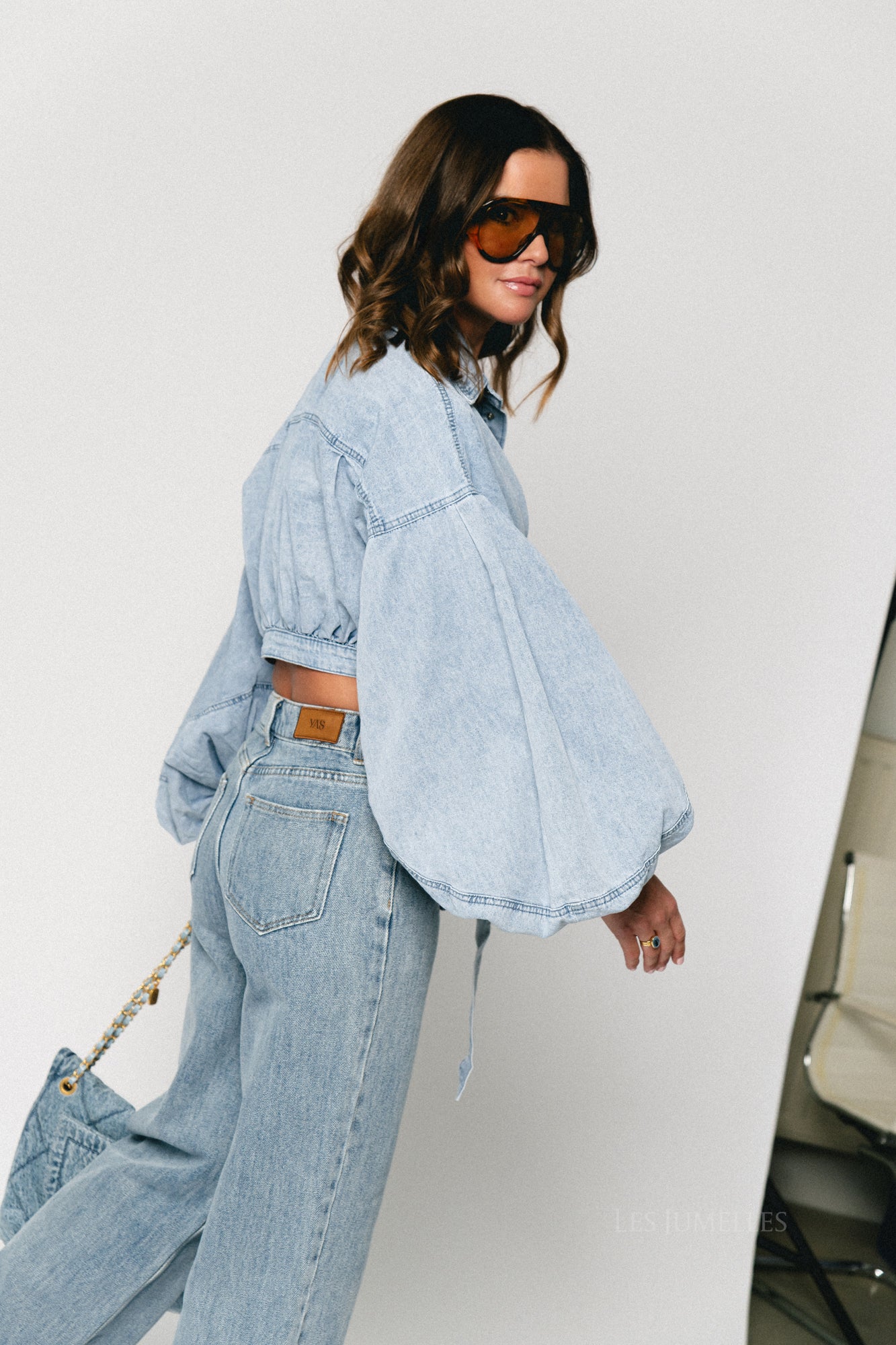 Bella balloon sleeve wrap shirt light blue denim