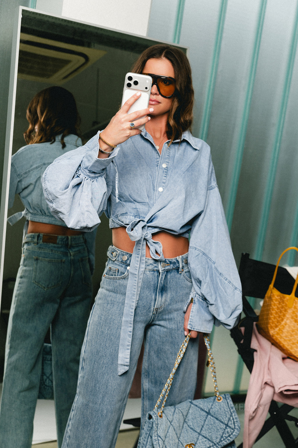 Bella balloon sleeve wrap shirt light blue denim