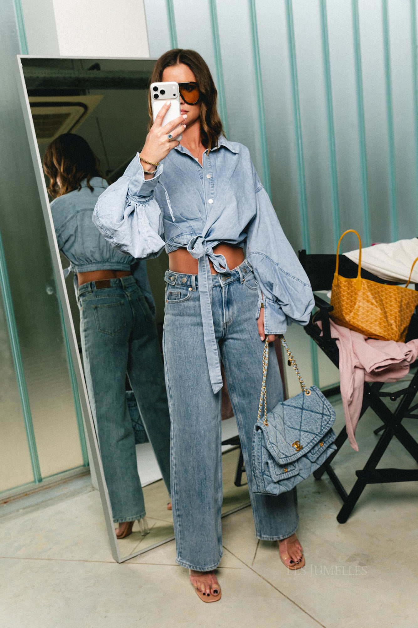 Bella balloon sleeve wrap shirt light blue denim