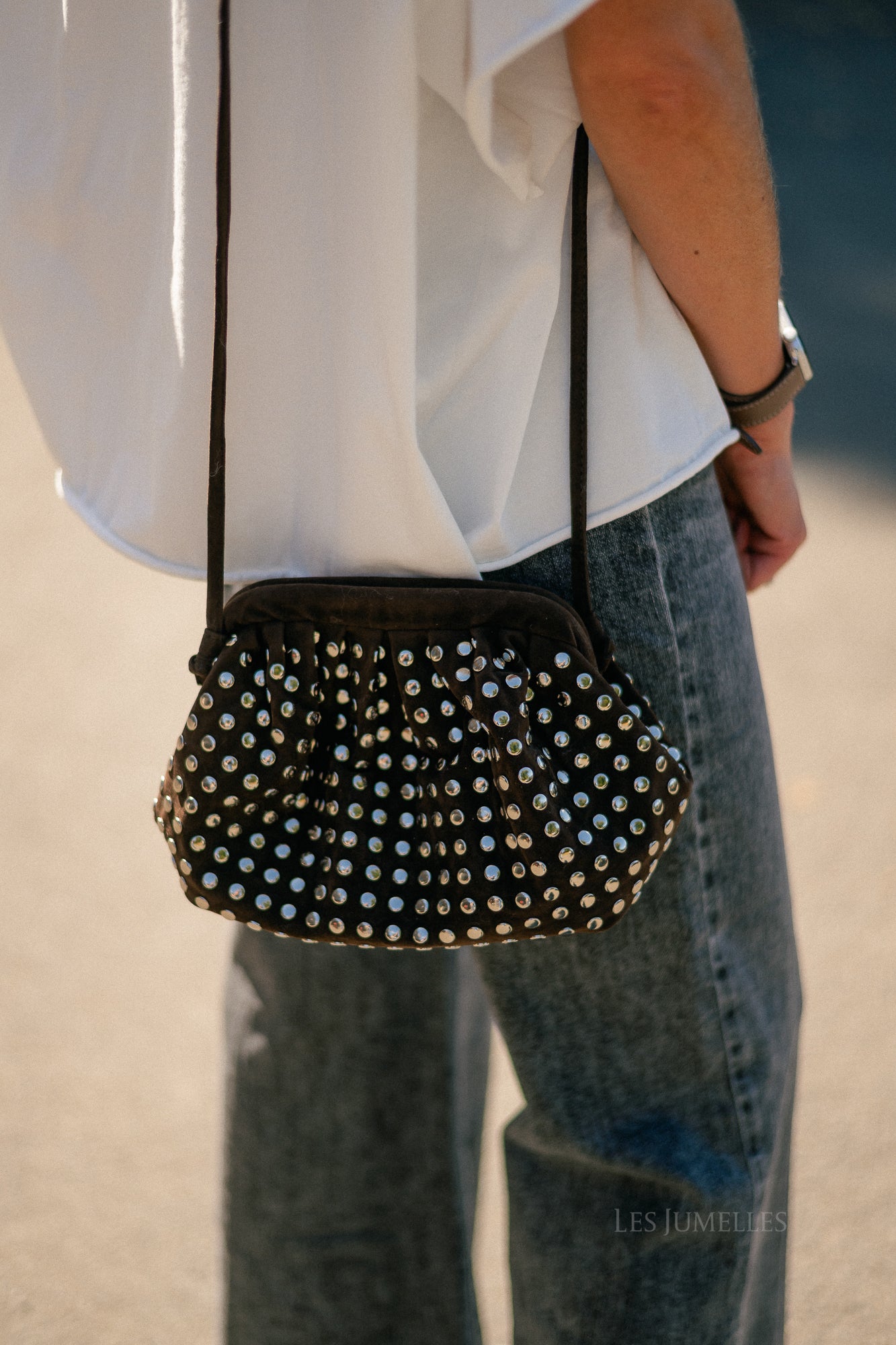 Studded suede clutch dark brown