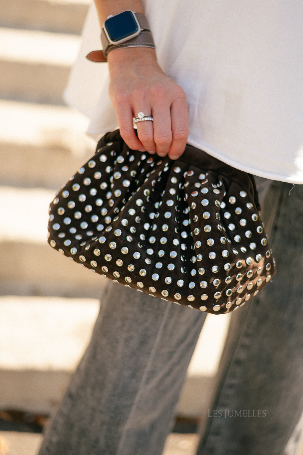Studded suede clutch dark brown
