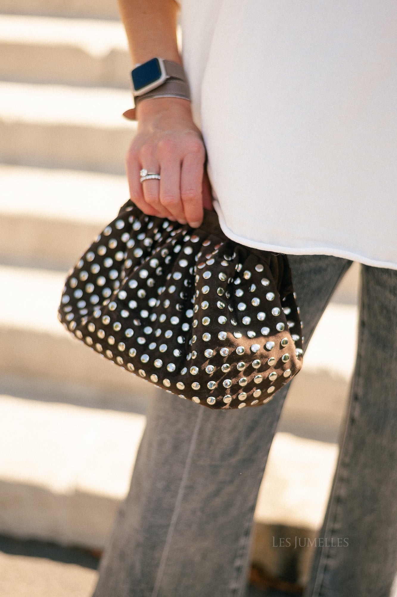 Studded suede clutch dark brown