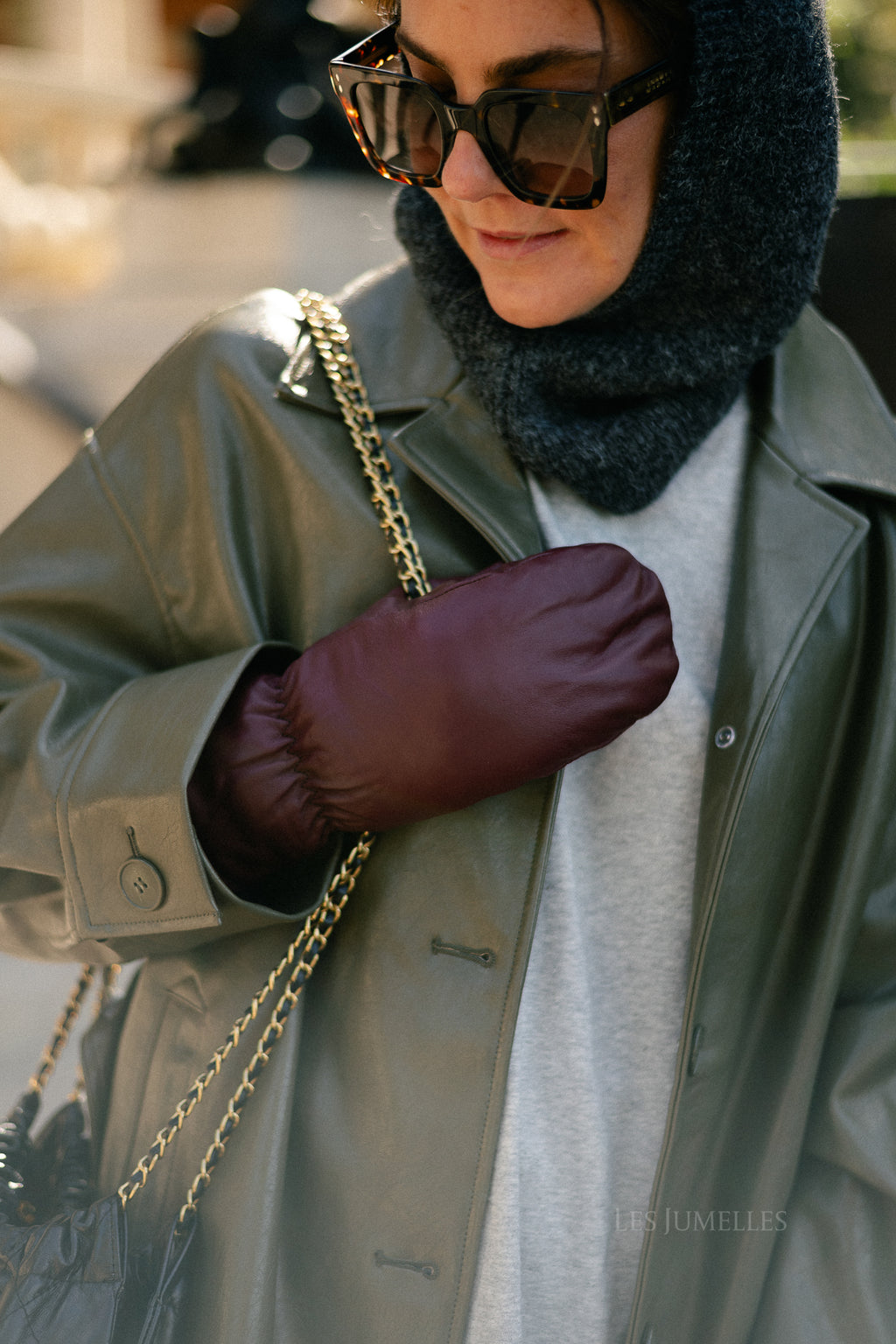 Leather Nylona mitten burgundy