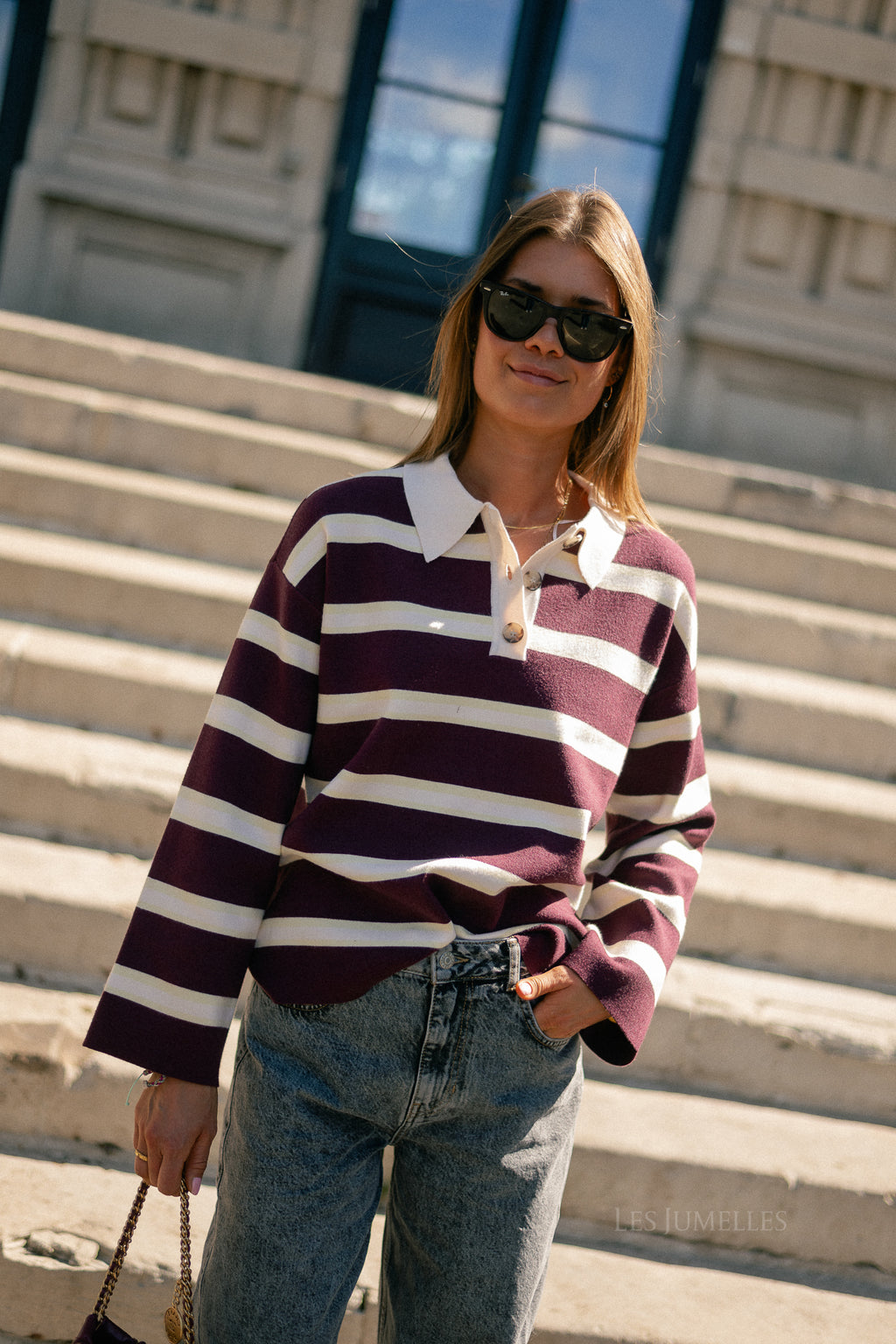 YASIsabell LS polo knit pullover port royale/stripes