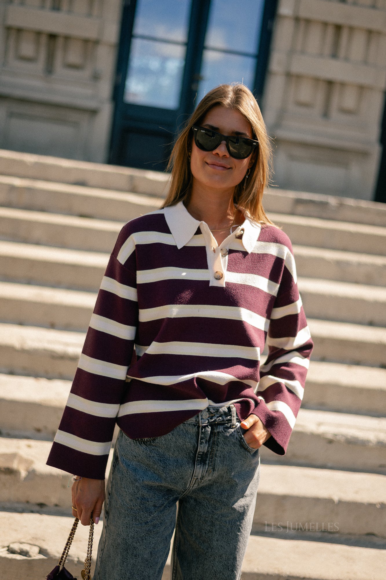 YASIsabell LS polo knit pullover port royale/stripes