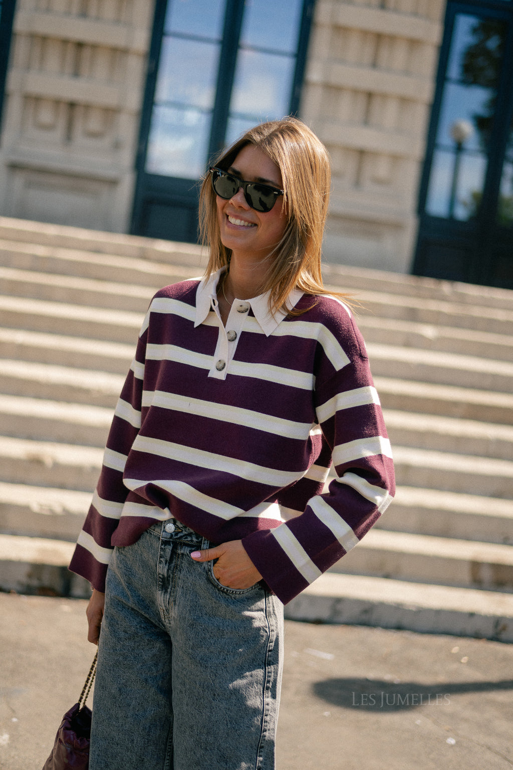 YASIsabell LS polo knit pullover port royale/stripes