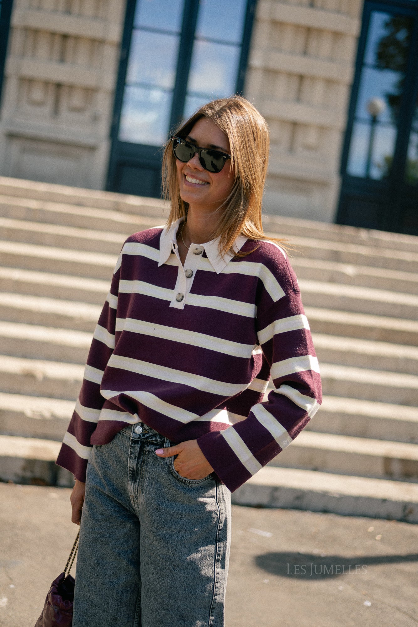 YASIsabell LS polo knit pullover port royale/stripes