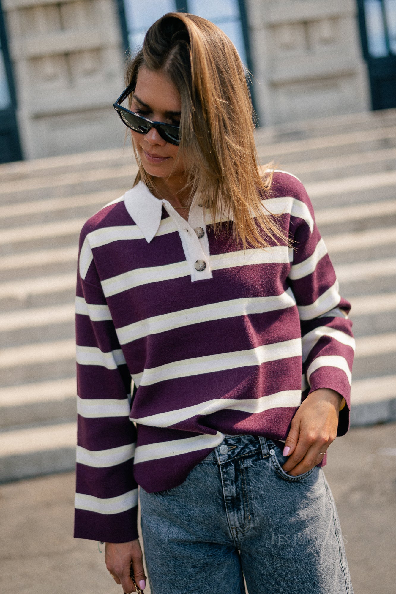 YASIsabell LS polo knit pullover port royale/stripes