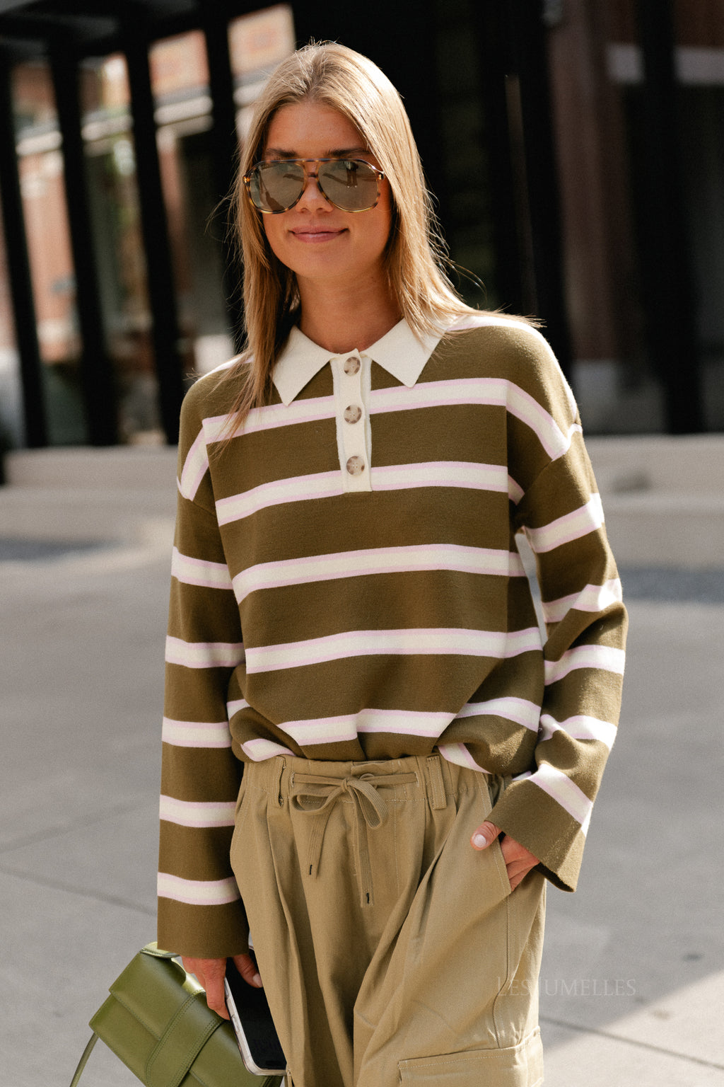 YASIsabell LS polo knit pullover NOOS green stripes