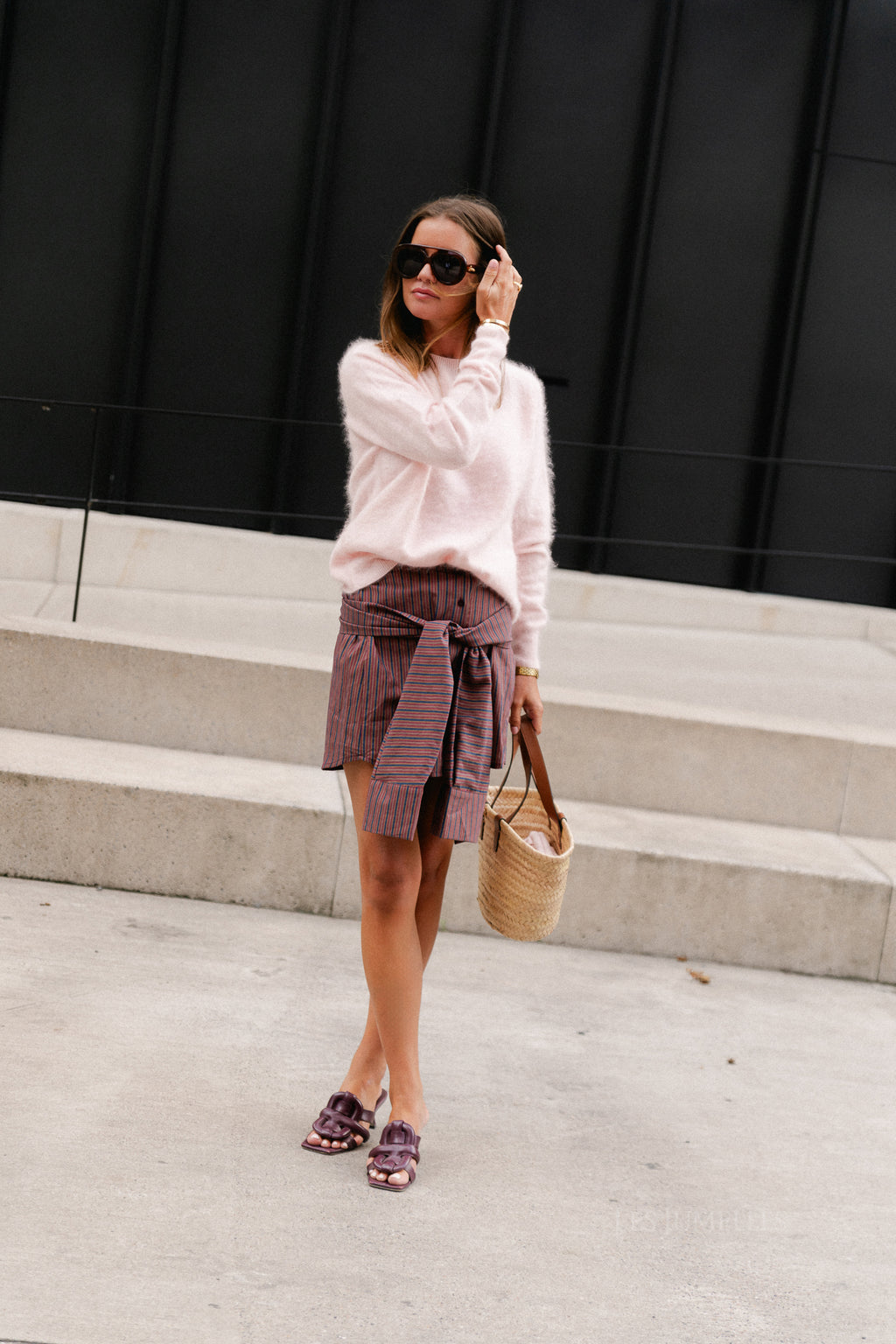 Clementine striped mini skirt with sleeve tie detail - navy/burgundy