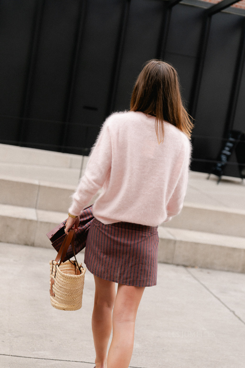 Clementine striped mini skirt with sleeve tie detail - navy/burgundy