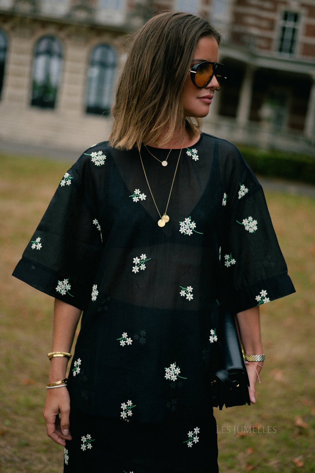 Catherine top black & white embroidery
