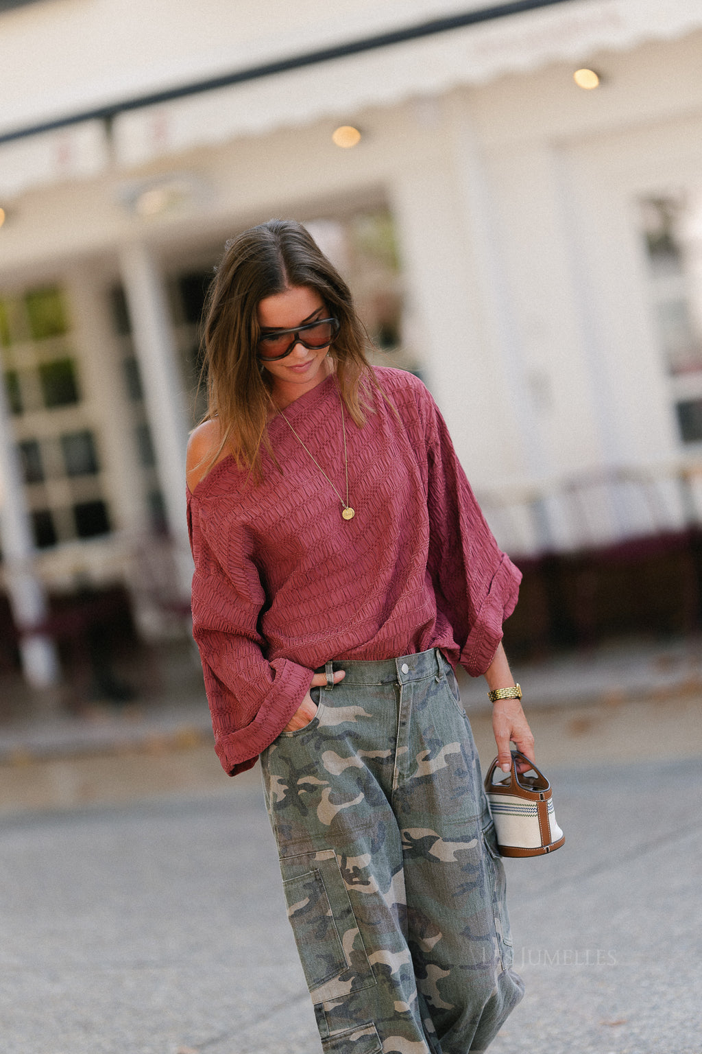 Myra textured off-shoulder blouse brick