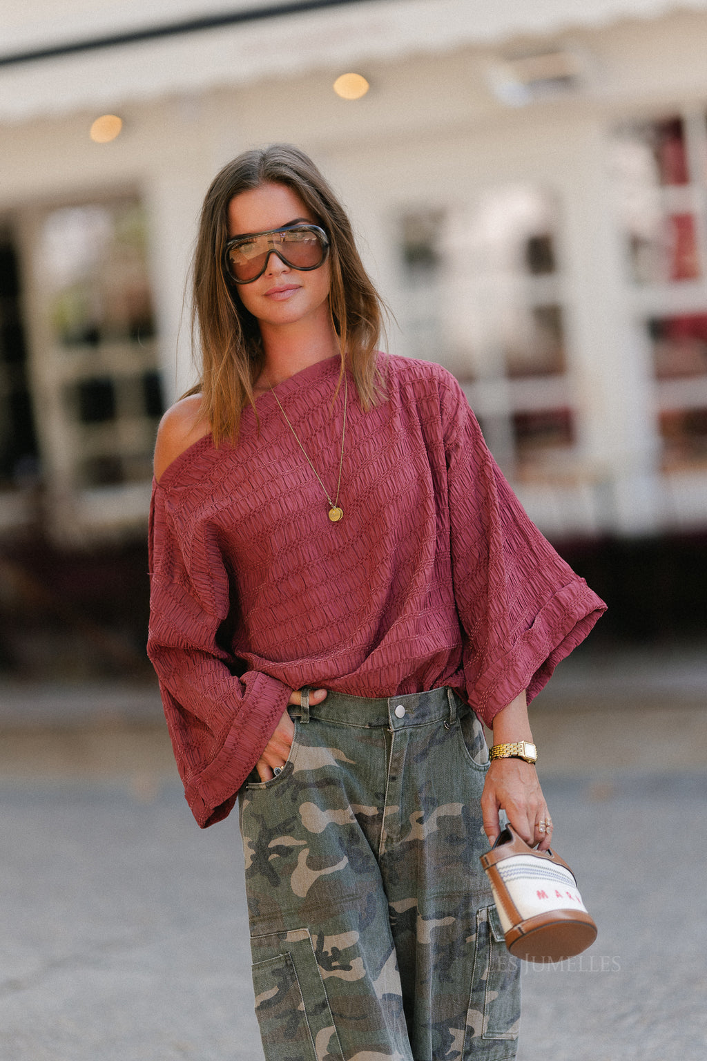 Myra textured off-shoulder blouse brick
