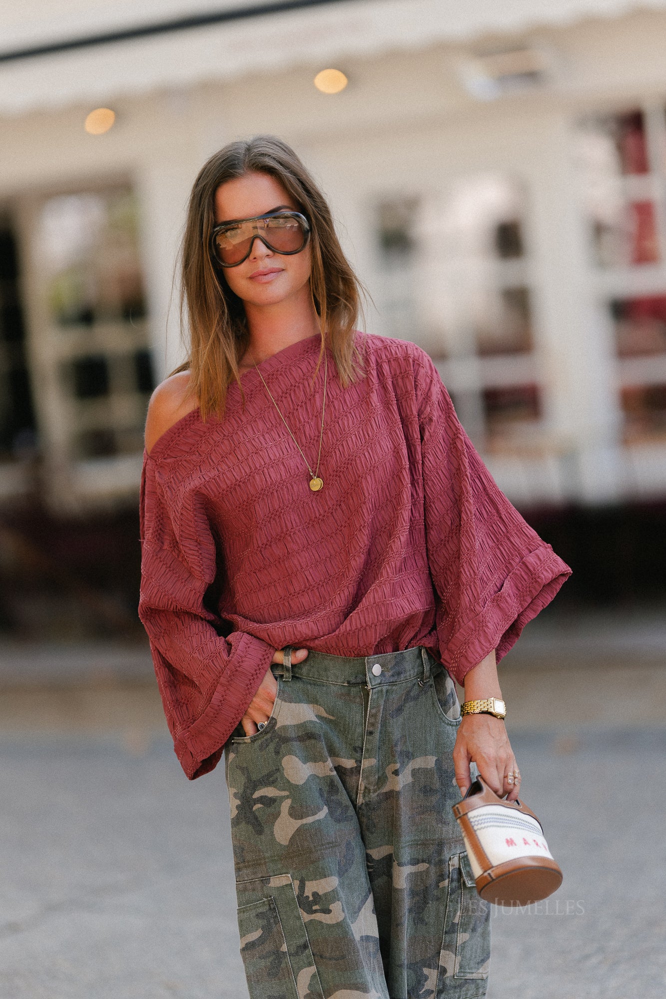 Myra textured off-shoulder blouse brick