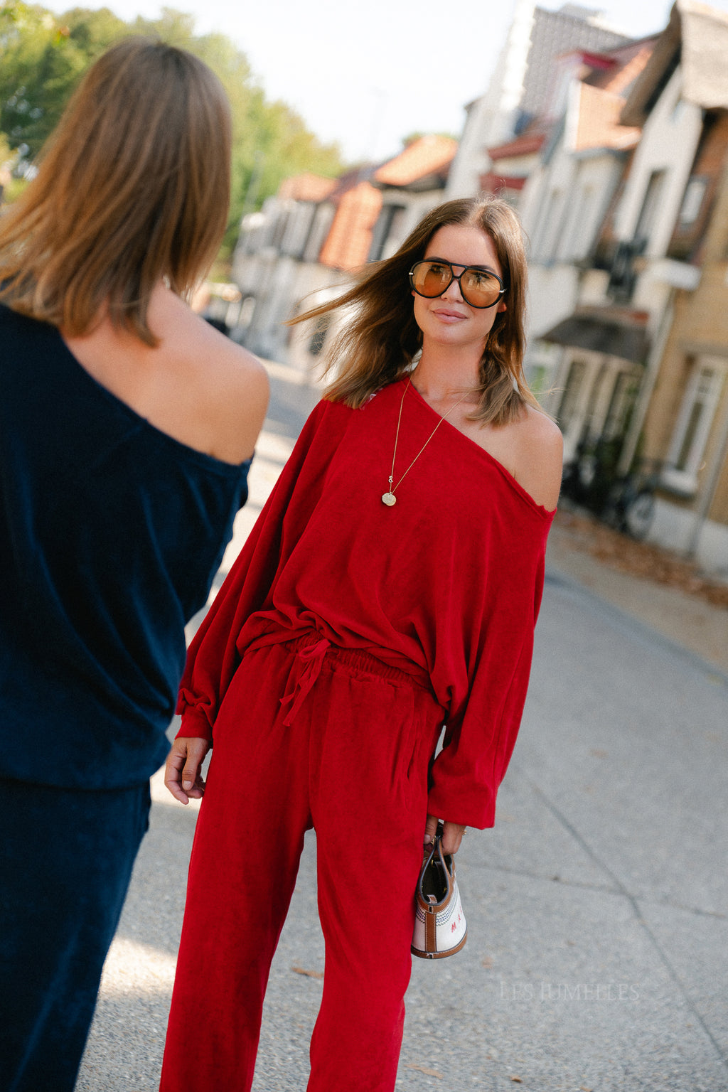 Gisele terry off-shoulder sweatshirt red